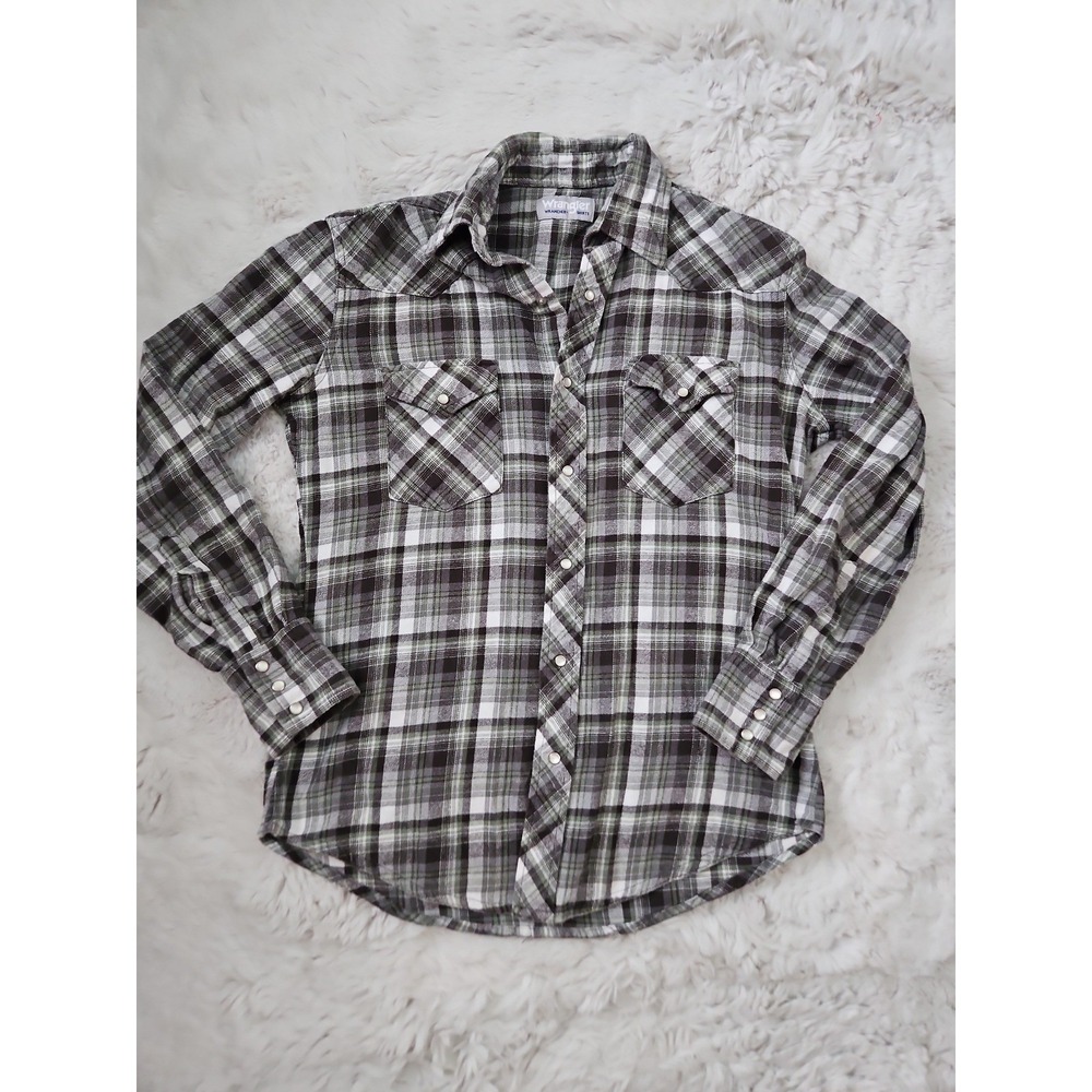 Wrangler Wrancher Green Plaid Long Sleeve‎ Western Pearl Snap Shirt Men's Medium